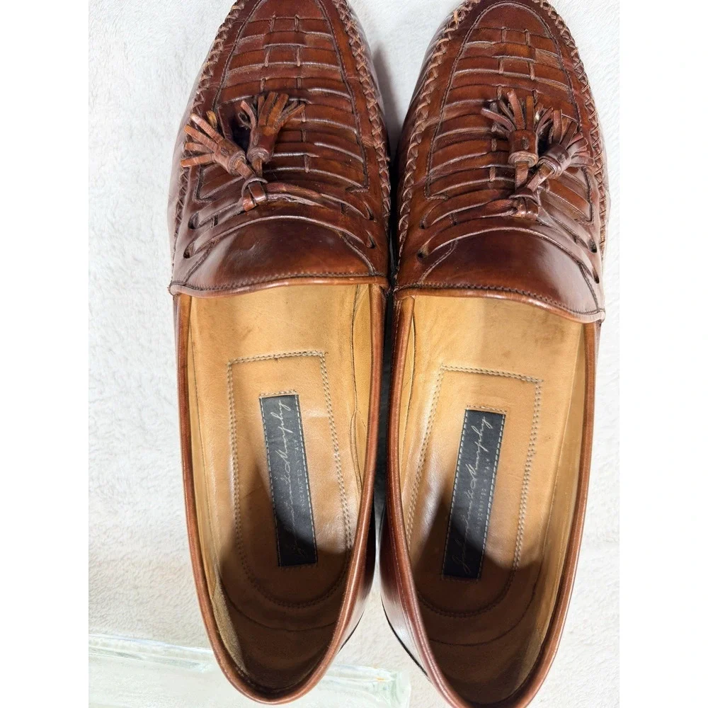 VTG Johnston & Murphy Italy Woven Leather Tassel Loafers Mens SZ 9 M Cognac